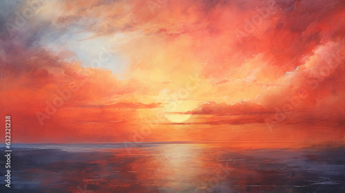 An abstract watercolor painting portraying a vibrant summer sunset, with intense orange and red hues blending into the dark indigo of the night sky, wet on wet technique © Marco Attano