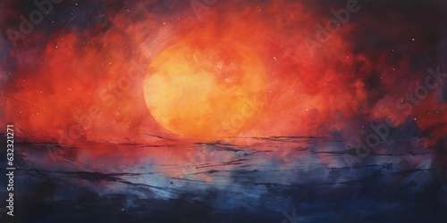 abstract watercolor painting portraying a vibrant summer sunset, with intense orange and red hues blending into the dark indigo of the night sky, wet on wet technique, in a square format