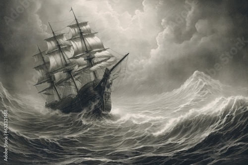 Old ship struggling with big waves in rough seas in engraving style.