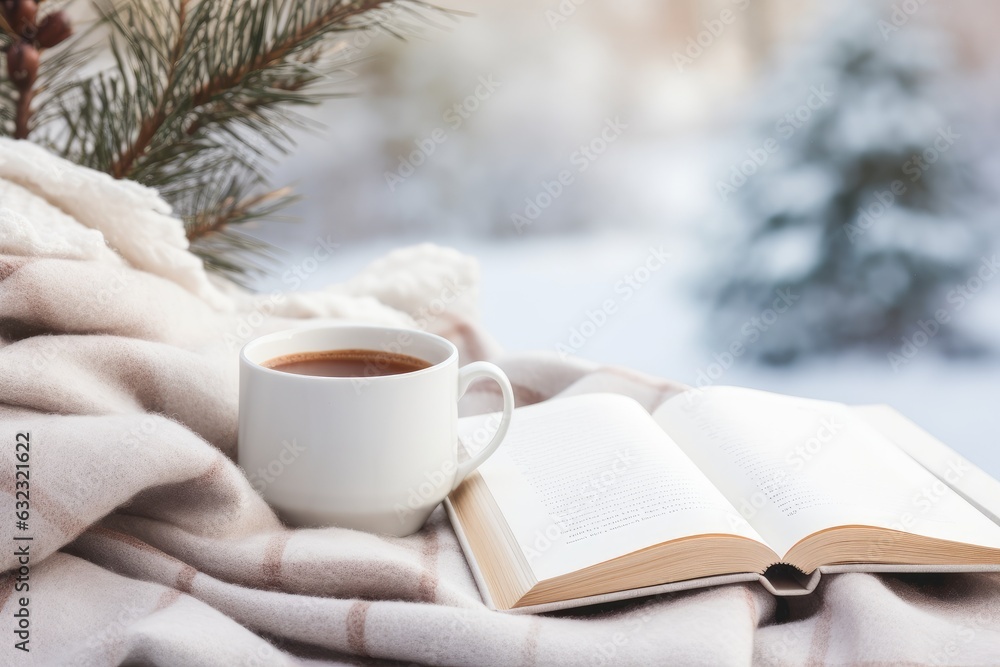 A birds eye view of a comfortable blanket, an open book, and a steaming cup of coffee resting on a bed during a chilly winter day. A representation of relaxation and the Danish concept of hygge. The A birds eye view of a comfortable blanket, an open book, and a steaming cup of coffee resting on a bed during a chilly winter day. A representation of relaxation and the Danish concept of hygge. The
