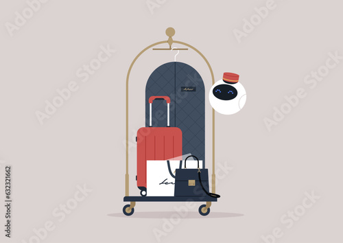 An autonomous porter robot gracefully pushing a hotel luggage cart piled high with suitcases and bags, showcasing efficiency and modern technological prowess