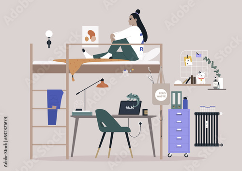 A dorm room concept, a remote home office with a bunk bed, as a space-saving solution, a teenager's decorated bedroom