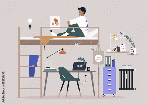 A dorm room concept, a remote home office with a bunk bed, as a space-saving solution, a teenager's decorated bedroom
