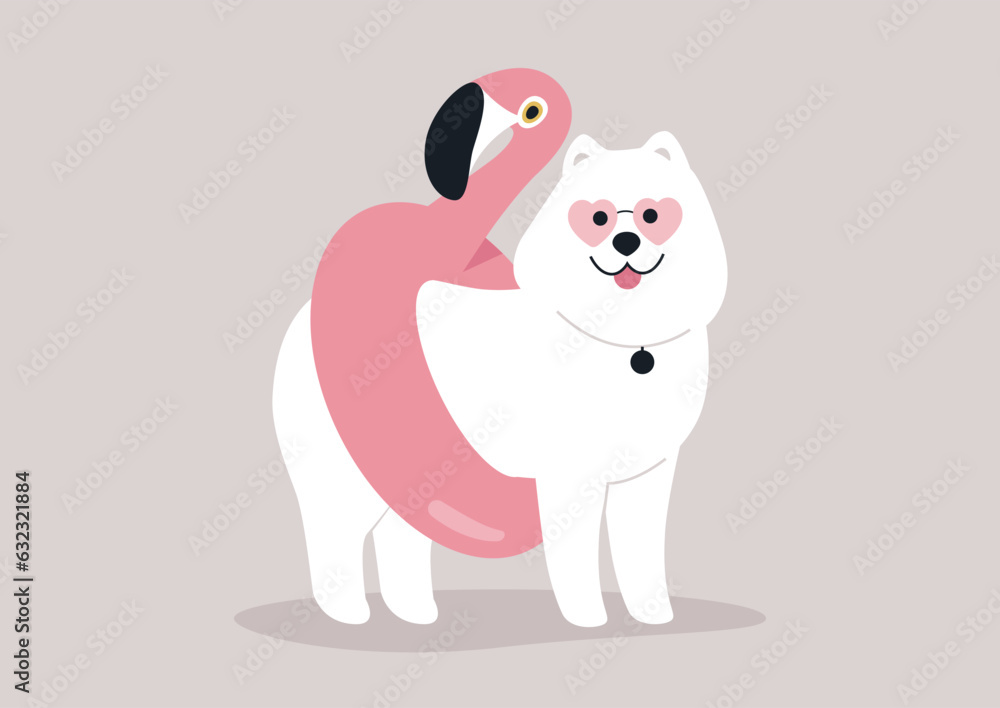 A fluffy samoyed dog wearing an inflatable flamingo life buoy, summer swimming pool party activities A fluffy samoyed dog wearing an inflatable flamingo life buoy, summer swimming pool party activities