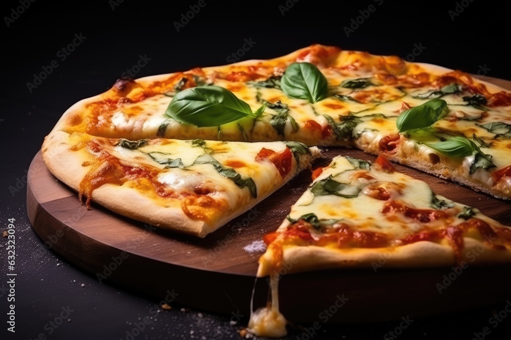 A slice of hot Italian pizza with stretching cheese.