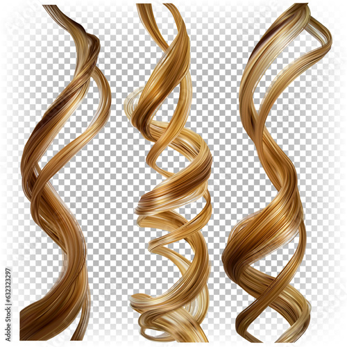Set of vector 3d realistic illustrations of curly blond hair isolated on a transparent white background.
