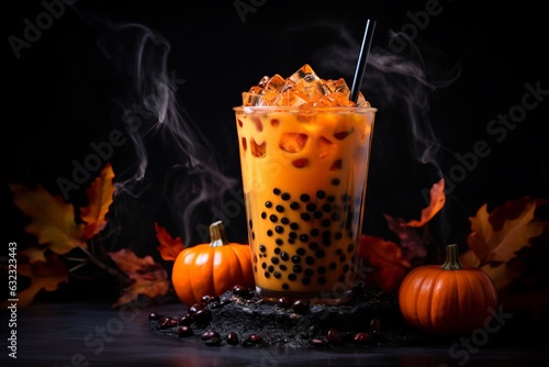 Bebida fria con hielo bubble tea especial halloween Pumpkin Spice Latte, bubble tea de calabaza con bolitas de tapioca  photo