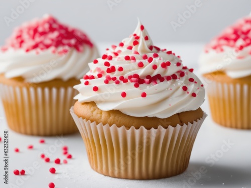 Closeup shot of a cupcake with white frosting and sprinkles on a white surface