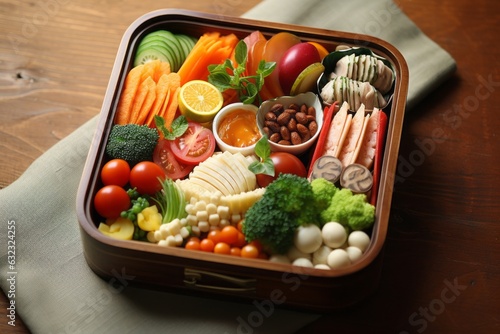 Shikaeshi-ben, bento con productos frios y calientes, comida de temporada en japón para el trabajo, Bento de verduras y pescado para almorzar 
 photo