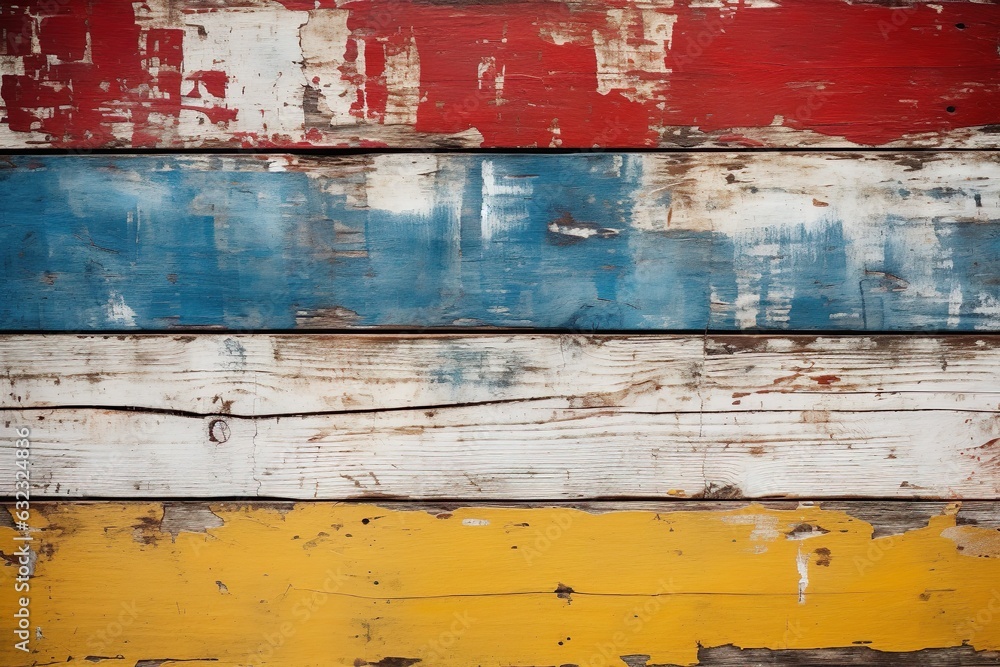 Φωτογραφία Texture of vintage wood boards with cracked paint of white, red, yellow and blue color