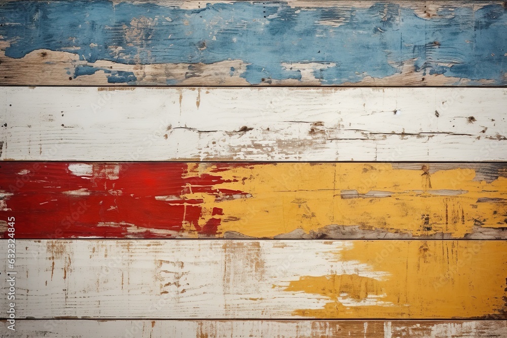 Φωτογραφία Texture of vintage wood boards with cracked paint of white, red, yellow and blue color