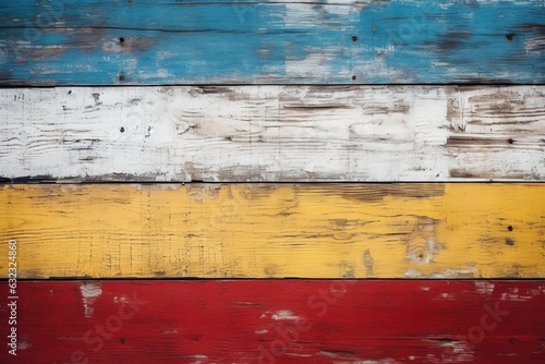 Texture of vintage wood boards with cracked paint of white, red, yellow and blue color. Horizontal retro background with wooden planks of different colors | Generative AI