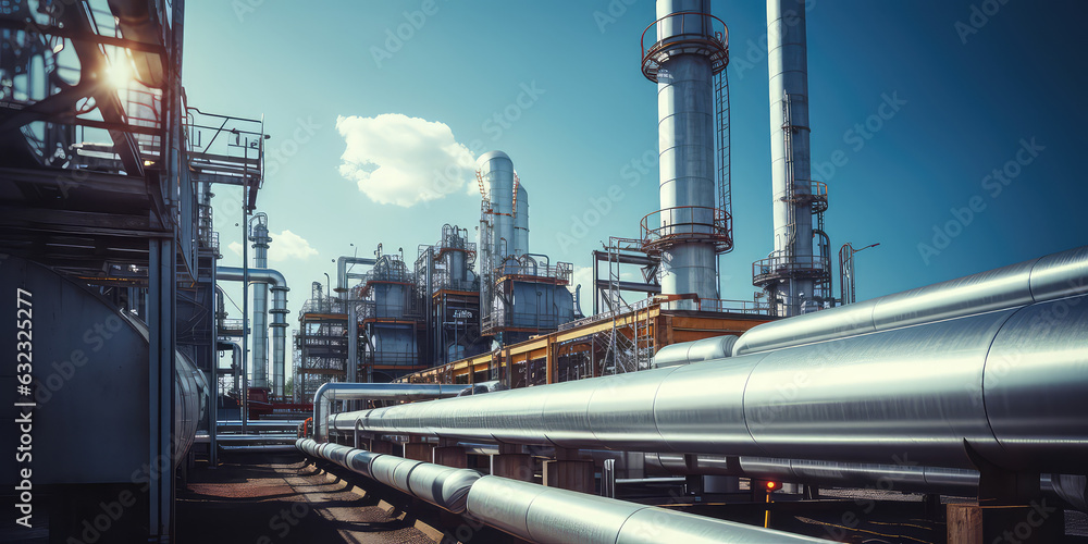 Industrial metal pipeline, oil and gas factory outside view in sunny day, blue sky. Industrial factory wallpaper. - obrazy, fototapety, plakaty 