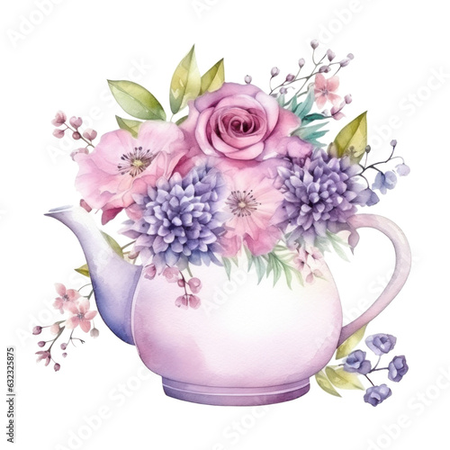 Watercolor teapot with flowers isolated