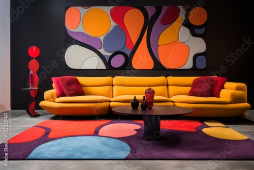 Decoración groovy con alfombra tufting aesthetic, colorida decoración estilo años 60s, salón 70s psicodélico  photo