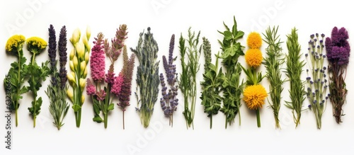 A collection of medicinal herb bunches arranged in a row is seen on a white background in a top-down