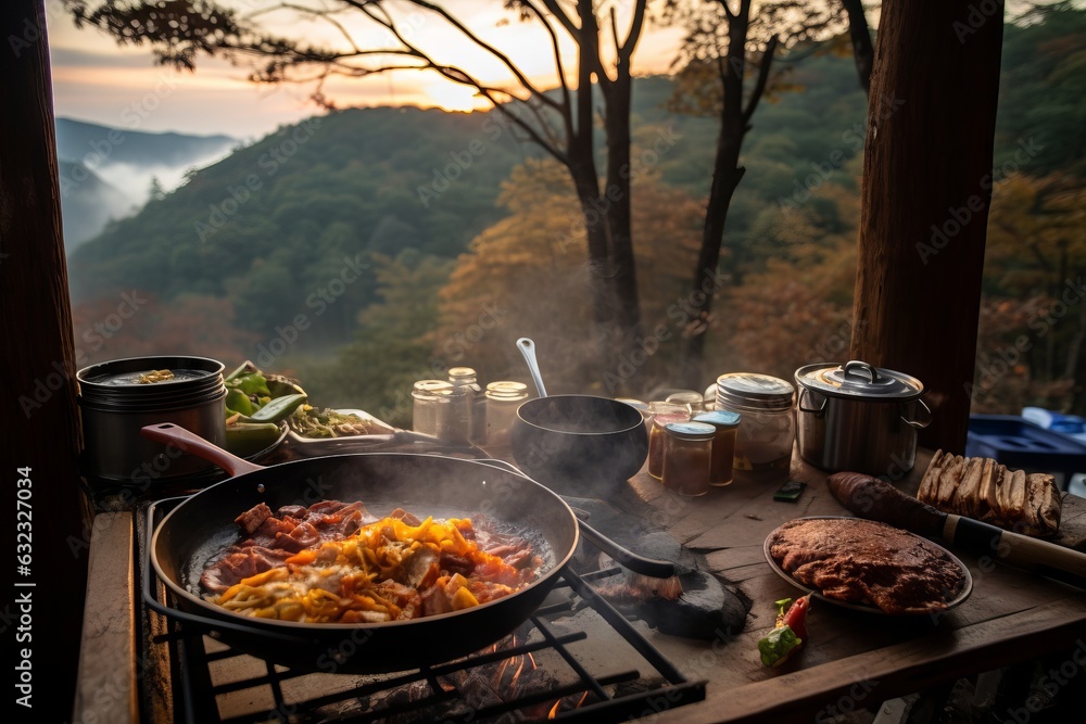 cenando al atardecer en la naturaleza, cocinando en el camping, comida de campamento, ruta de senderismo al anochecer cenando al atardecer en la naturaleza, cocinando en el camping, comida de campamento, ruta de senderismo al anochecer