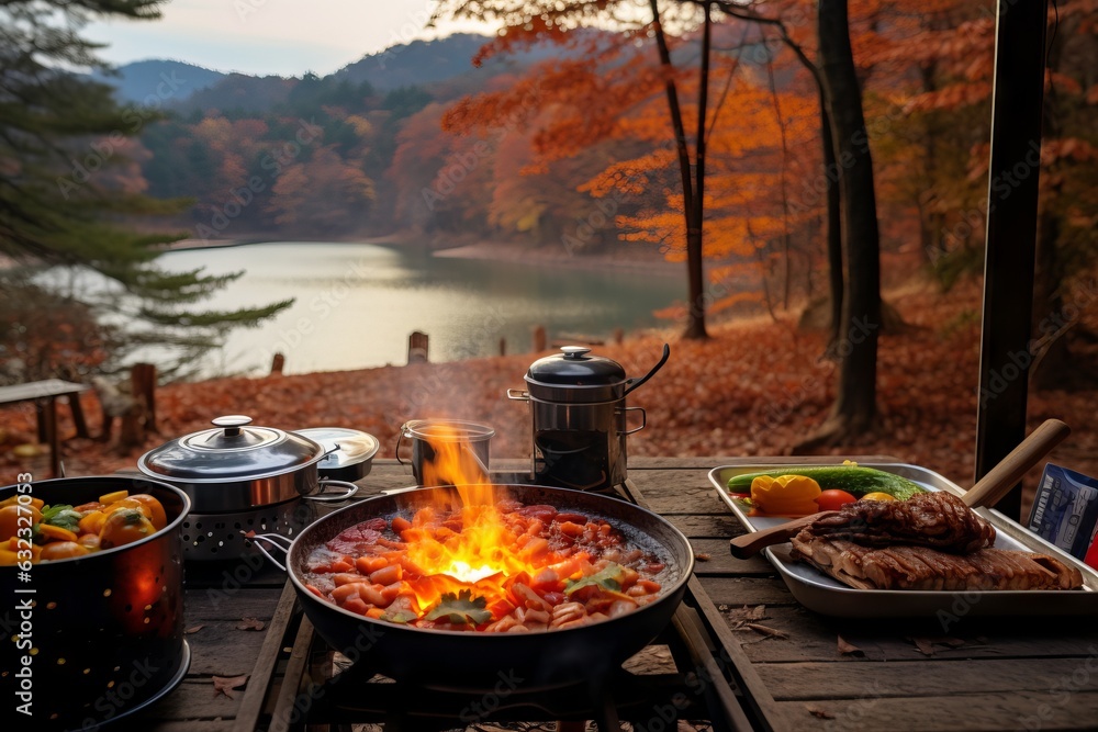 cocinando en la naturaleza, comida de camping, barbacoa en el lago, carne en hoguera en el bosque cocinando en la naturaleza, comida de camping, barbacoa en el lago, carne en hoguera en el bosque