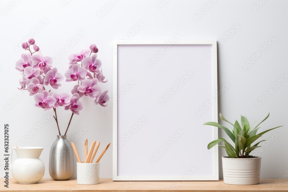 Mockup frame, Kitchen Mockup Frame Featuring Orchids on a Clean White Background. Generative AI Mockup frame, Kitchen Mockup Frame Featuring Orchids on a Clean White Background. Generative AI