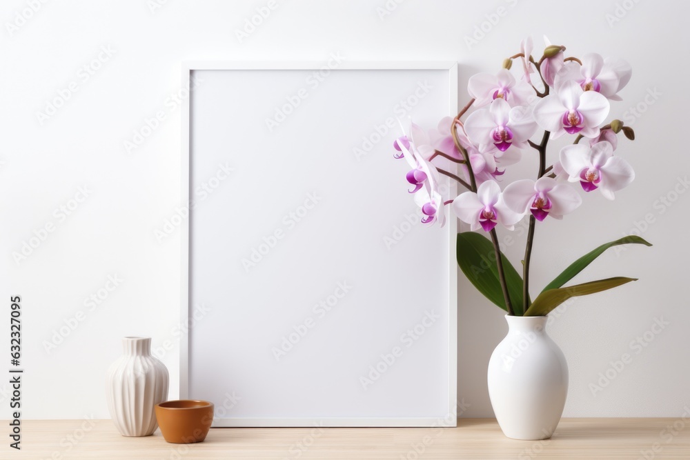 Mockup frame, Kitchen Mockup Frame Featuring Orchids on a Clean White Background. Generative AI