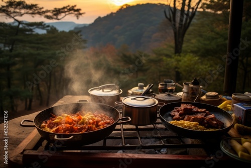 cocinando en la naturaleza, comida de camping, escapada romántica al bosque, barbacoa coreana en el campamento, comida de campamento  photo