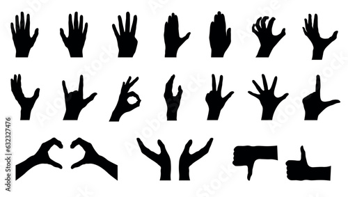 set of silhouettes of hands. different silhouette poses of hand gestures.