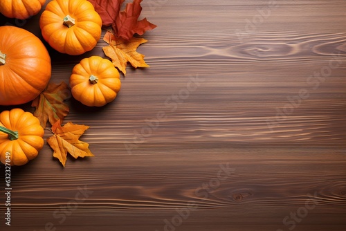Orange pumpkins with dry leaves and copyspace on brown wooden background