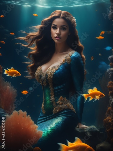 portrait of a beautiful mermaid. there are a lot of small goldfish around and against the background of marine life.