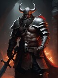 a large viking character with swords, in the style of dark bronze and red
