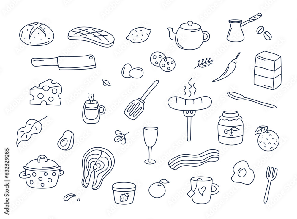 Cooking doodles vector set of isolated elements. Cute doodle