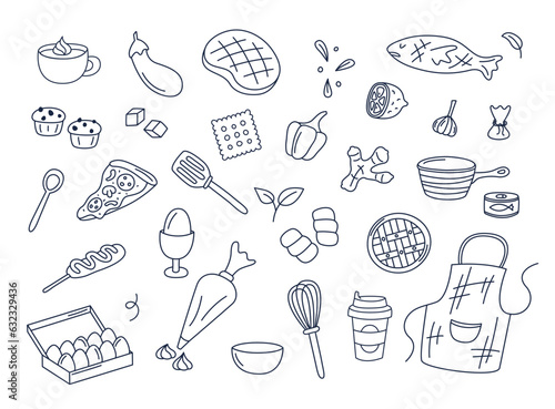 Cooking doodles vector set of isolated elements. Cute doodle illustrations collection of utensils, kitchenware, food, meal ingredients, kitchen objects. Fruits, vegetables, bakery on white background