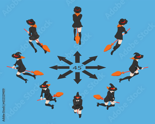 Rotation of witch on a broomstick by 45 degrees. Woman with a broom in different angles in isometric view.