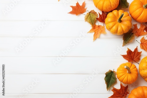 Orange pumpkins with dry leaves and copyspace on white wooden background