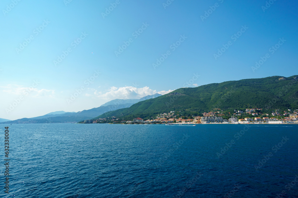 seascape during a voyage on a yacht in the Bay of Kotor, Montenegro, bright sunny day, mountains and sea, travel