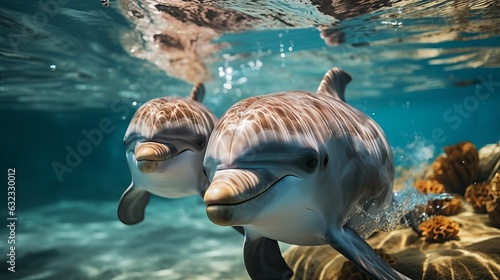 Foto dolphins, a pair of marine animals close-up, fish head above the water