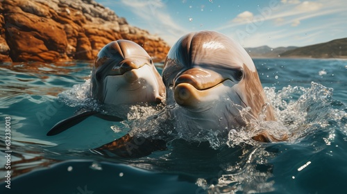 dolphins, a pair of marine animals close-up, fish head above the water. Friendly freshwater. Generative AI