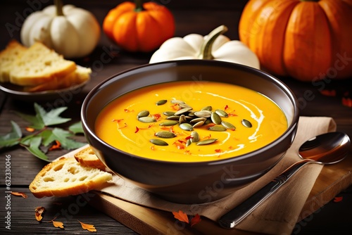 Pumpkin soup in plate with orange pumpkins and dry leaves on wooden background