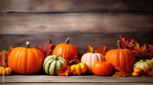 Orange pumpkins with dry leaves on brown wooden background