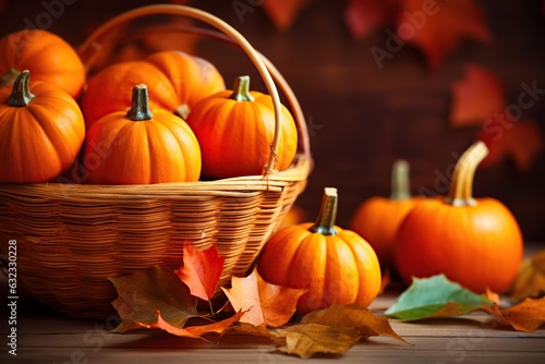 Orange pumpkins in basket with dry leaves on wooden background