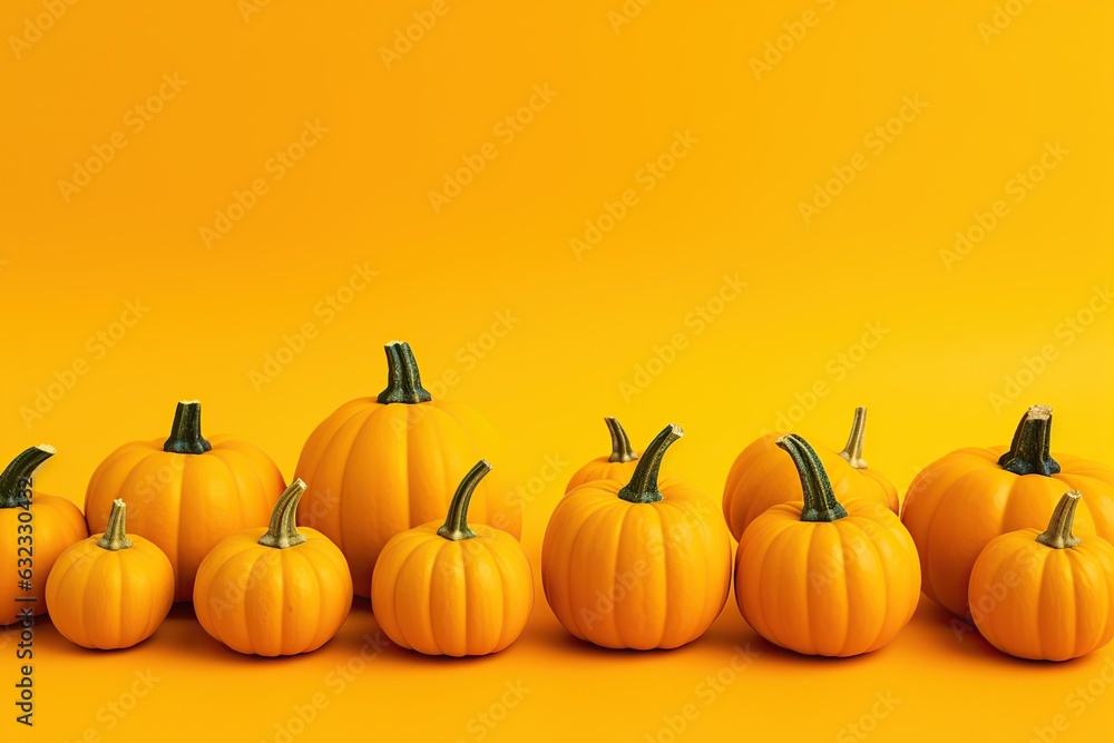 Mini orange pumpkins on yellow background Mini orange pumpkins on yellow background