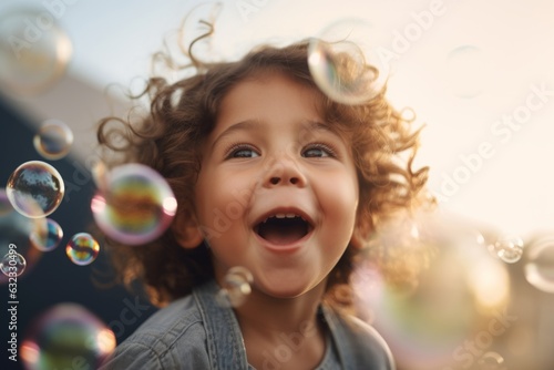 Joyful happy laughing Caucasian child son 5s kid boy children laugh excited smiling open mouth amazed enjoy playing with air soap bubbles having fun happiness childhood summer vacation family holiday