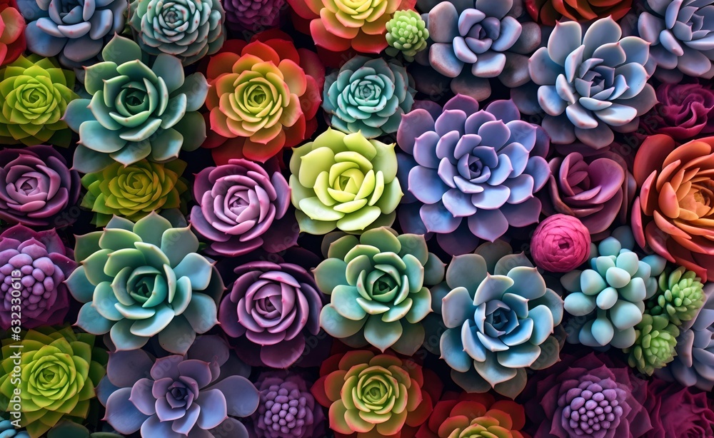 Arrangement of succulents in various hues. Cactus Pattern. Nature Background. Generatve AI. Arrangement of succulents in various hues. Cactus Pattern. Nature Background. Generatve AI.