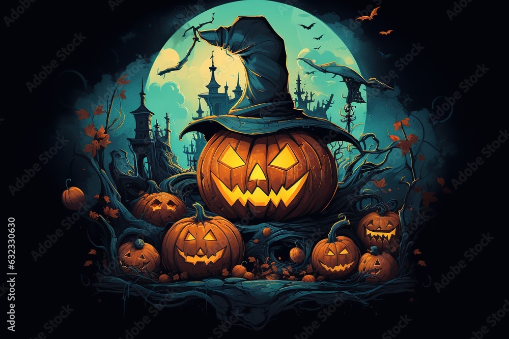 Glowing halloween pumpkins in witches hat on dark background