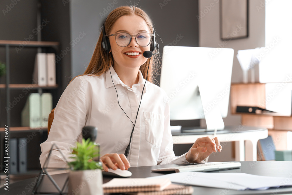 Beautiful consultant of call center working in office Beautiful consultant of call center working in office
