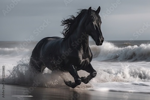 Black Horse in Wild, Running Stallion by Seaside, Abstract Generative AI Illustration © artemstepanov