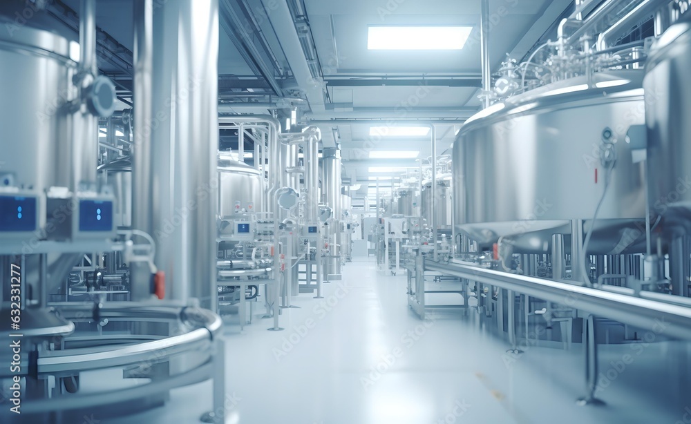 Naklejka premium Pharmaceutical manufacturing plant, full view of assemby line. Generative AI.