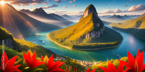summer,sunrise,mountains and a wooden village on river,