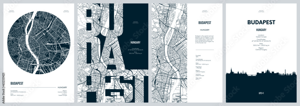 Naklejka premium Set of travel posters with Budapest, detailed urban street plan city map, Silhouette city skyline, vector artwork