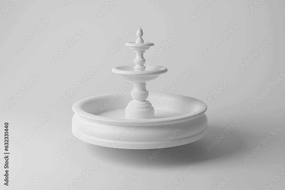 White tiered water fountain floating in mid air on white background in monochrome and minimalism. Illustration of the concept of garden decoration White tiered water fountain floating in mid air on white background in monochrome and minimalism. Illustration of the concept of garden decoration