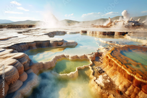 Natural geothermal Mammoth hot springs. A living example of the symbiosis between Earth's energy and its surroundings. An eco-friendly source of health. Yellowstone National Park photo